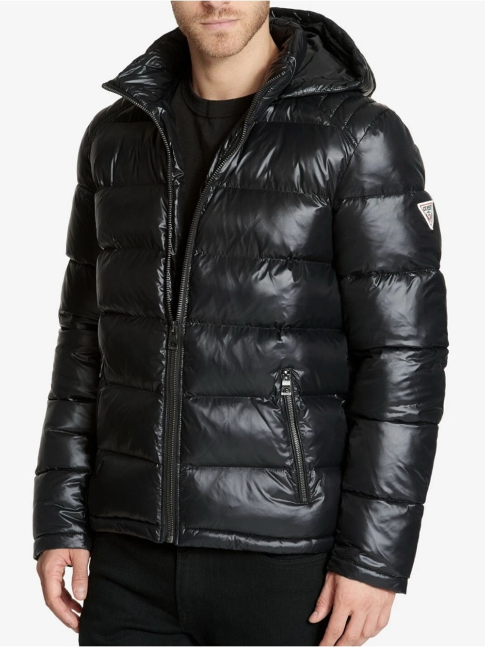 Guess Mens Hooded Puffer Coat Size Small Black Water Proof Full Zip Up